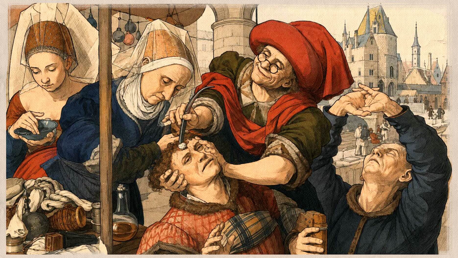 Escena histórica ilustrada de una intervención ocular en una plaza europea